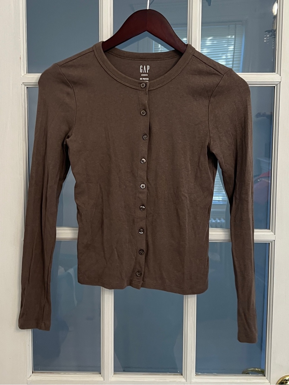 GAP Women’s Brown Modern Button Front Ribbed Cardigan Top Long Sleeve Petite XS